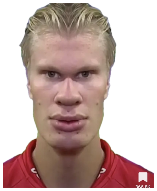 Erling Haaland staring into the camera with a completely blank, unreadable expression at a post-match interview sticker