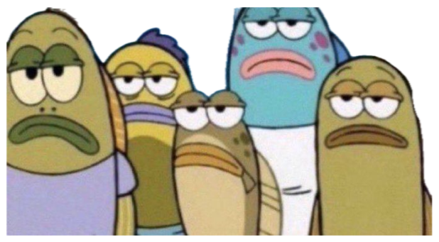 Crowd of tired-eyed SpongeBob fish staring back with utterly unimpressed deadpan faces sticker