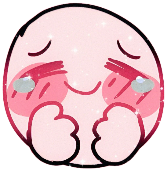 Pink blob cartoon blushing with happy tears and paws tucked under its chin, hearts everywhere sticker