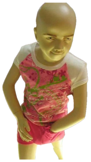 Child mannequin posed hands-on-hips with an unsettlingly smug little smirk sticker