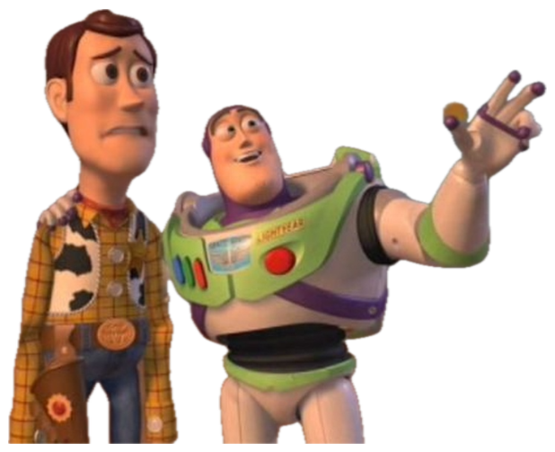 Woody looks worried while Buzz gestures off-screen in the classic Toy Story 'everywhere' pose sticker